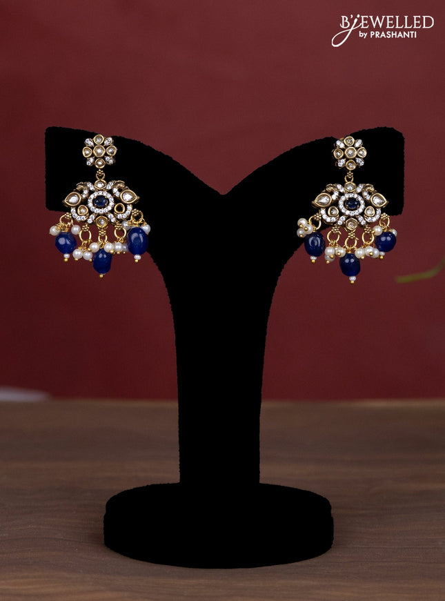 Beaded blue necklace peacock design with sapphire & cz stones and pearl & beads hanging in victorian finish