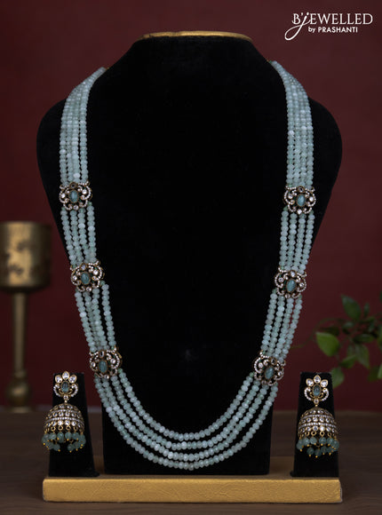 Beaded multilayer mint green necklace with cz stones side pendant in victorian finish