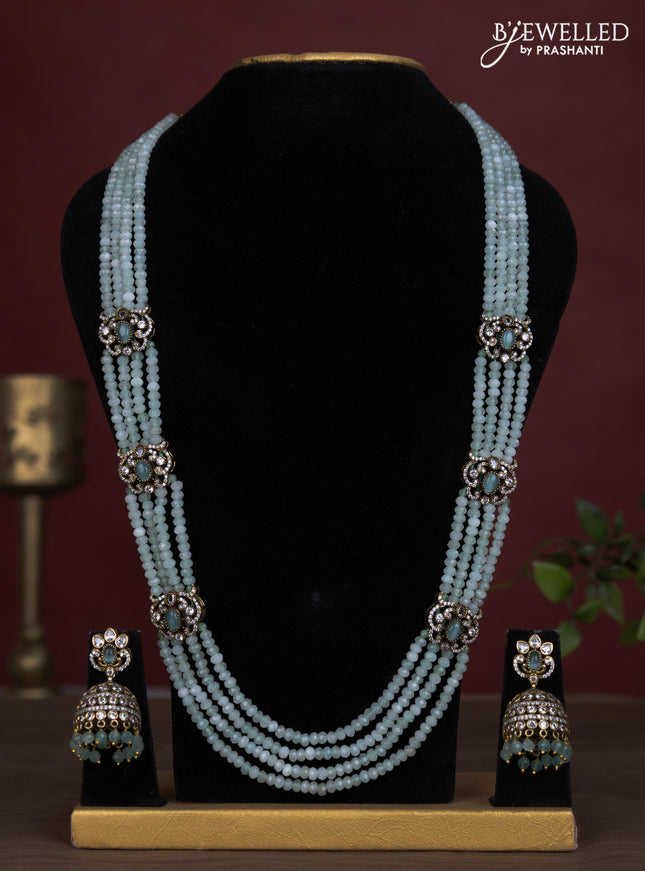 Beaded multilayer mint green necklace with cz stones side pendant in victorian finish
