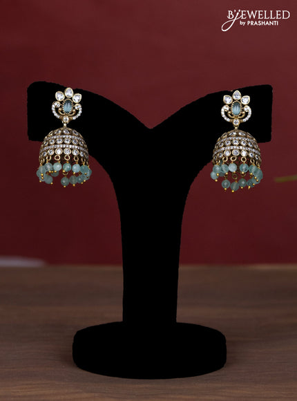 Beaded multilayer mint green necklace with cz stones side pendant in victorian finish