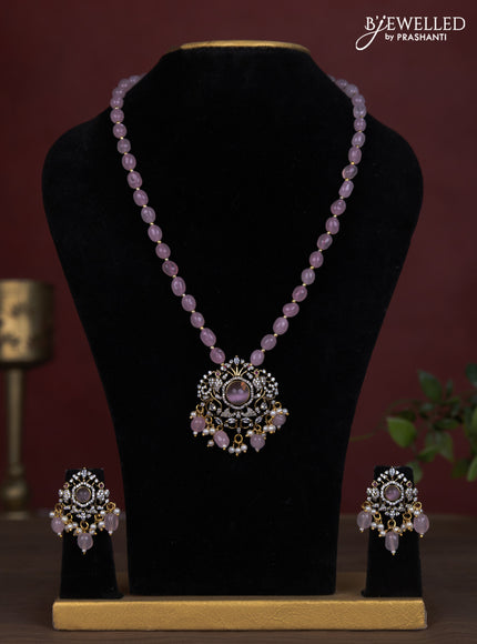 Beaded baby pink necklace with cz stones and pearl & beads hanging in victorian finish