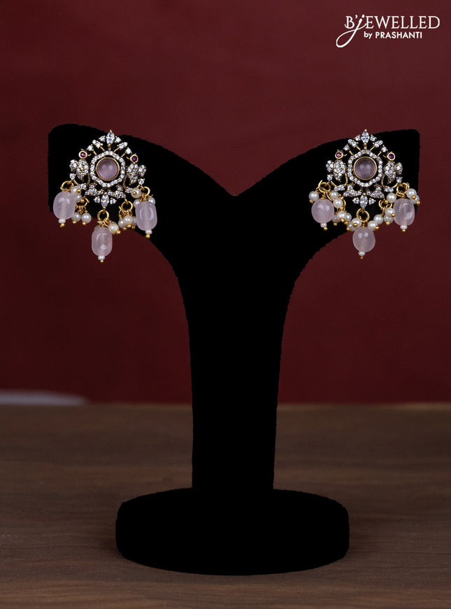 Beaded baby pink necklace with cz stones and pearl & beads hanging in victorian finish