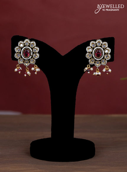 Beaded maroon necklace peacock design with ruby & cz stones and pearl & beads hanging in victorian finish