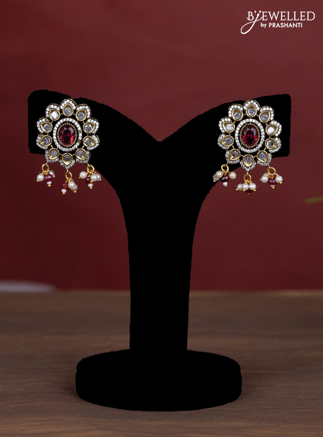 Beaded maroon necklace peacock design with ruby & cz stones and pearl & beads hanging in victorian finish