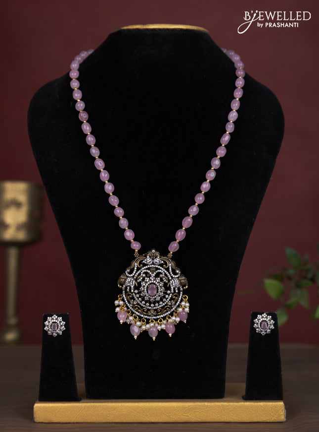 Beaded baby pink necklace elephant design with cz stones and pearl & beads hanging in victorian finish