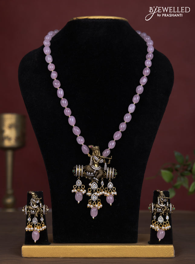Beaded baby pink necklace krishna pendant with kemp & cz stones and pearl & beads hanging in victorian finish