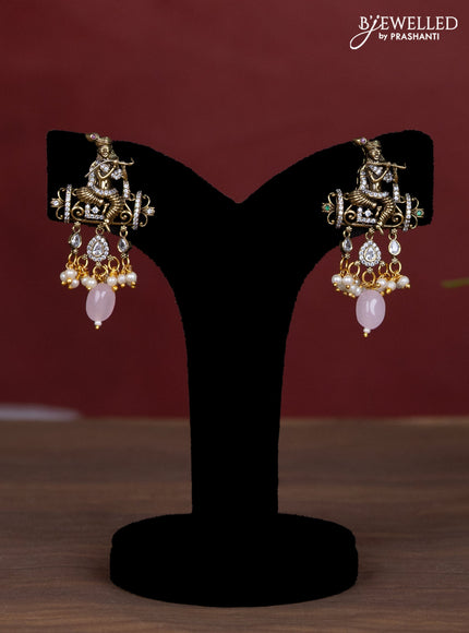 Beaded baby pink necklace krishna pendant with kemp & cz stones and pearl & beads hanging in victorian finish