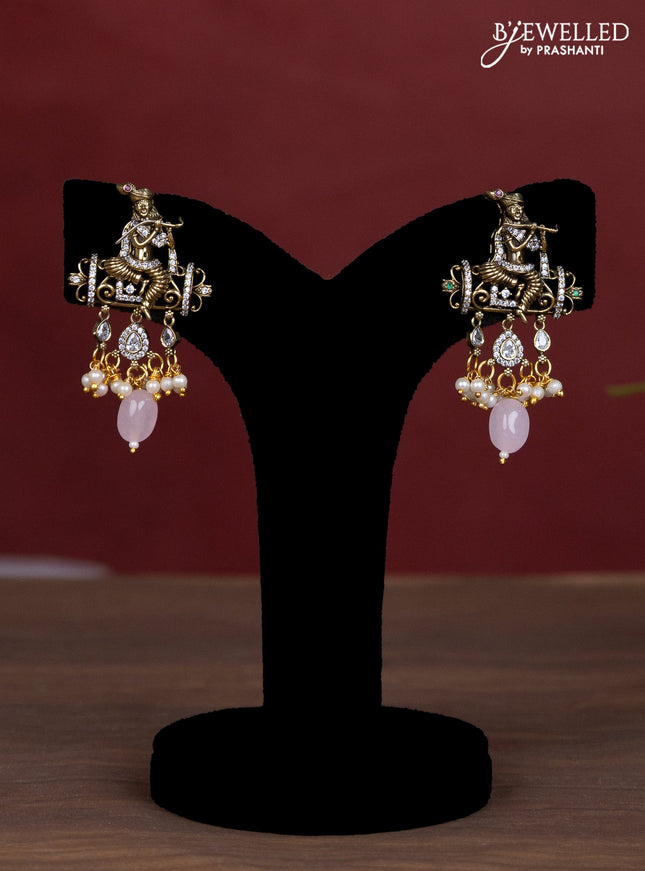 Beaded baby pink necklace krishna pendant with kemp & cz stones and pearl & beads hanging in victorian finish