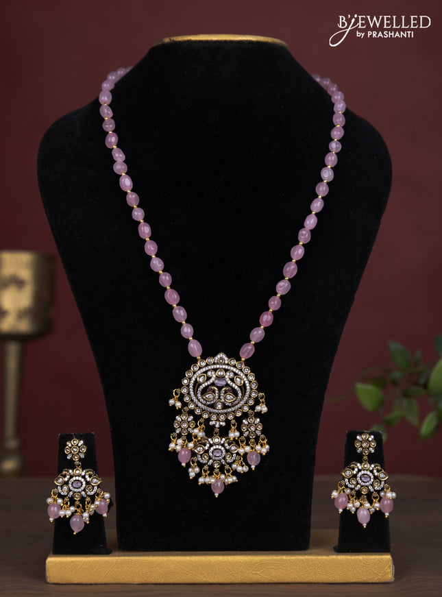 Beaded baby pink necklace peacock design with cz stones and pearl & beads hanging in victorian finish