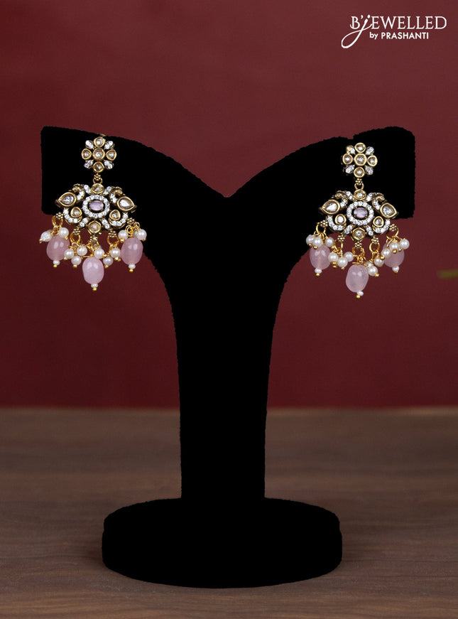 Beaded baby pink necklace peacock design with cz stones and pearl & beads hanging in victorian finish