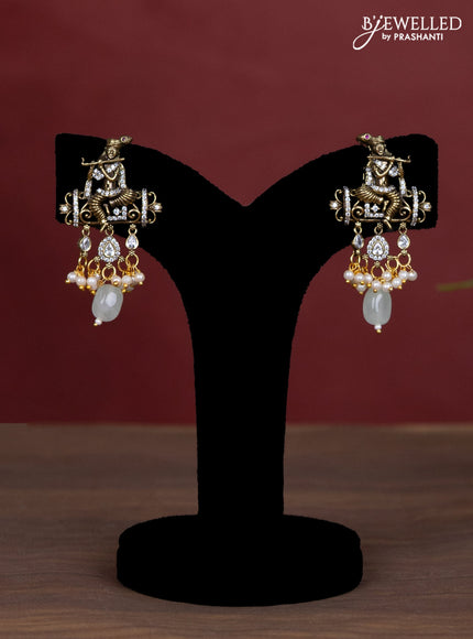 Beaded mint green necklace krishna pendant with kemp & cz stones and pearl & beads hanging in victorian finish