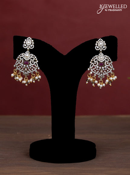 Beaded triple layer brown necklace with ruby & cz stones and pearl hangings in victorian finish