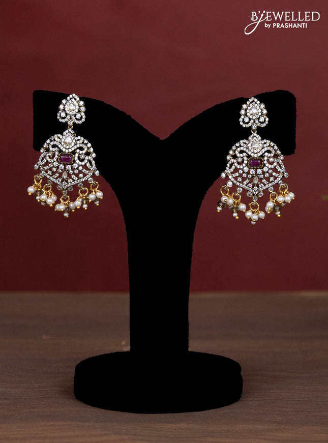 Beaded triple layer brown necklace with ruby & cz stones and pearl hangings in victorian finish