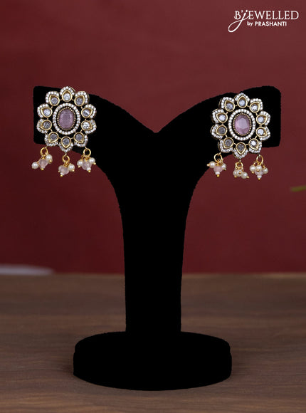 Beaded triple layer baby pink necklace with cz stones and pearl hangings in victorian finish