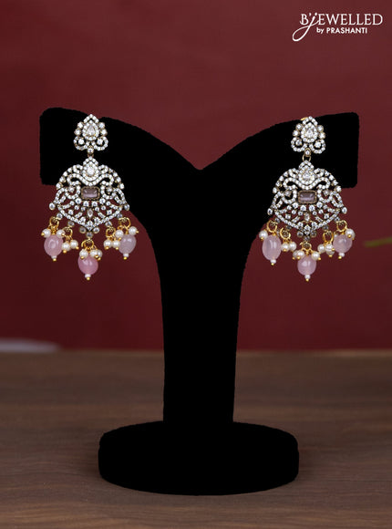 Beaded baby pink necklace with cz stones and pearl & beads hanging in victorian finish