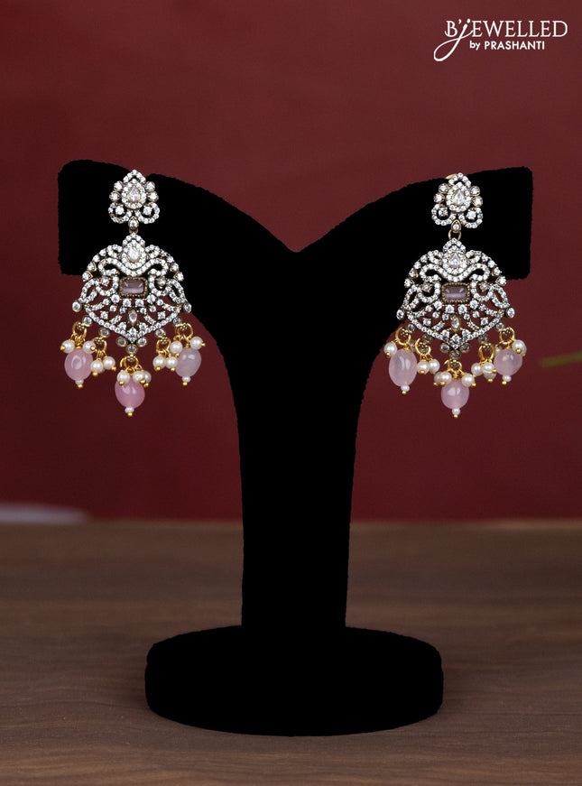 Beaded baby pink necklace with cz stones and pearl & beads hanging in victorian finish