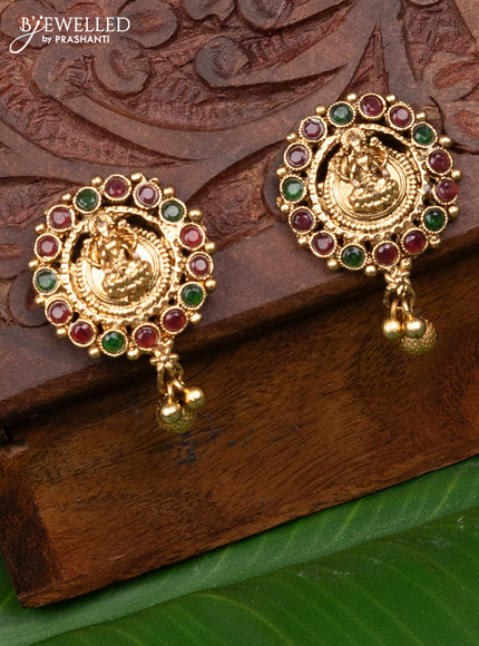 Antique earring lakshmi design with kemp stones and golden beads hanging