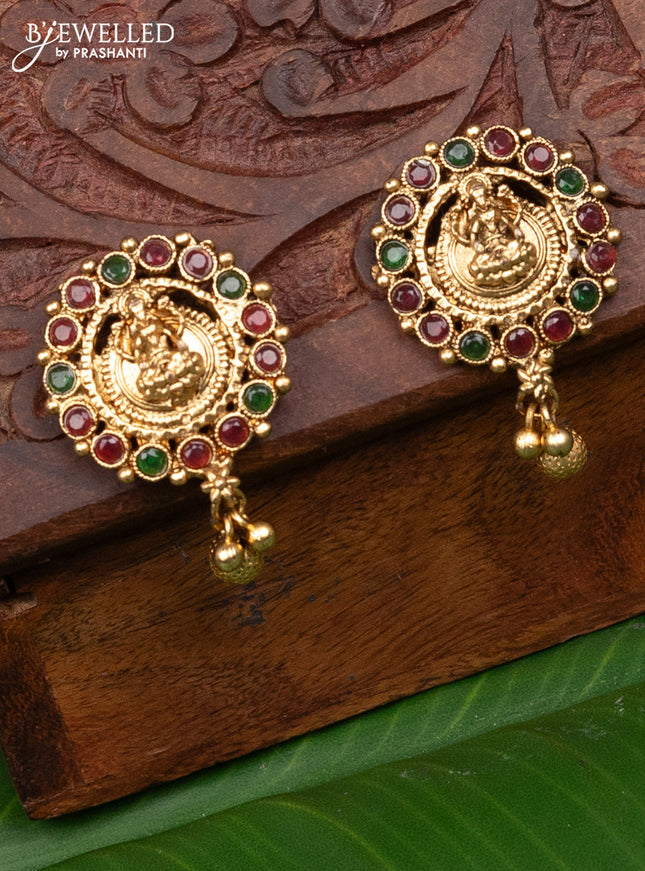 Antique earring lakshmi design with kemp stones and golden beads hanging