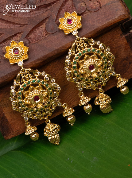 Antique earring floral design with kemp & cz stones and golden beads hanging