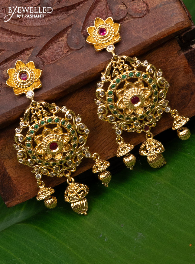 Antique earring floral design with kemp & cz stones and golden beads hanging