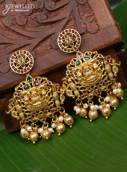 Antique earring lakshmi design with kemp & cz stones and pearl & golden beads hanging