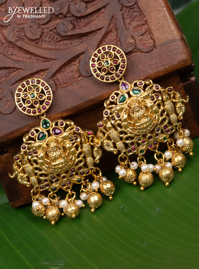 Antique earring lakshmi design with kemp & cz stones and pearl & golden beads hanging