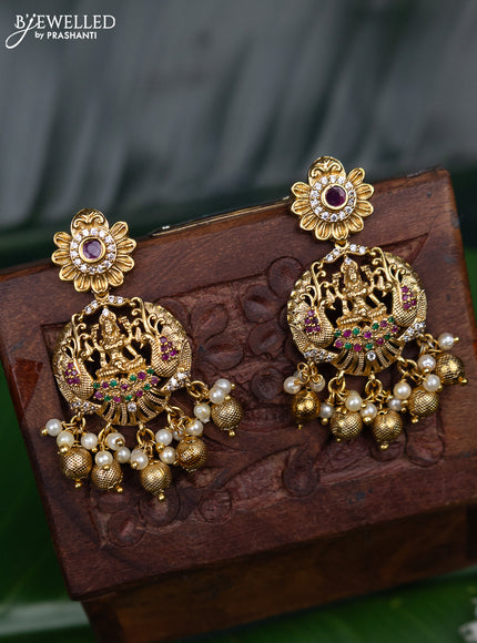 Antique earring lakshmi design with kemp & cz stones and pearl & golden beads hanging