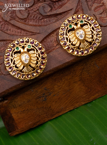 Antique screw type earring peacock design with kemp and cz stones