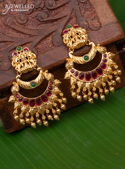 Antique earring lakshmi design with kemp stones and golden beads hanging