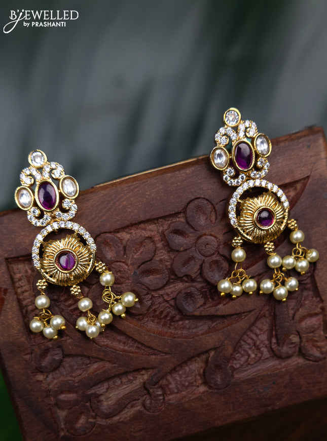 Antique earring with pink kemp & kundan cz stones and pearl hangings