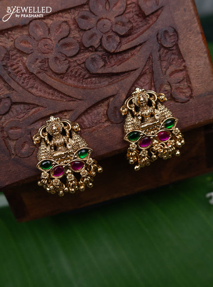 Antique earring lakshmi design with kemp stones and golden beads hanging