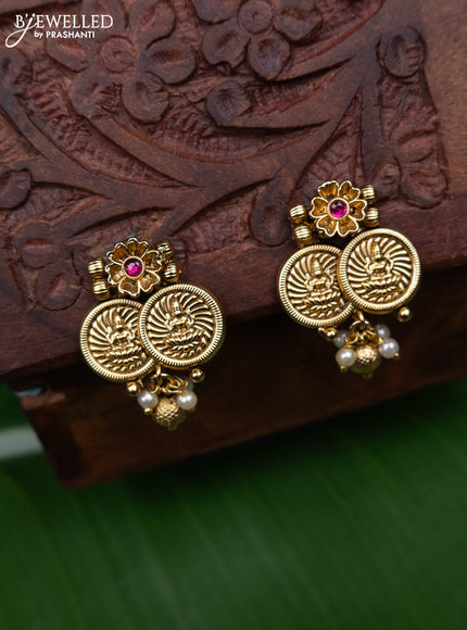 Antique earring lakshmi design with pink kemp stone and pearl & golden beads hanging
