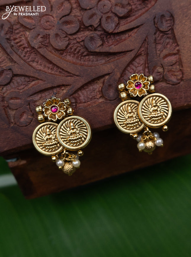 Antique earring lakshmi design with pink kemp stone and pearl & golden beads hanging