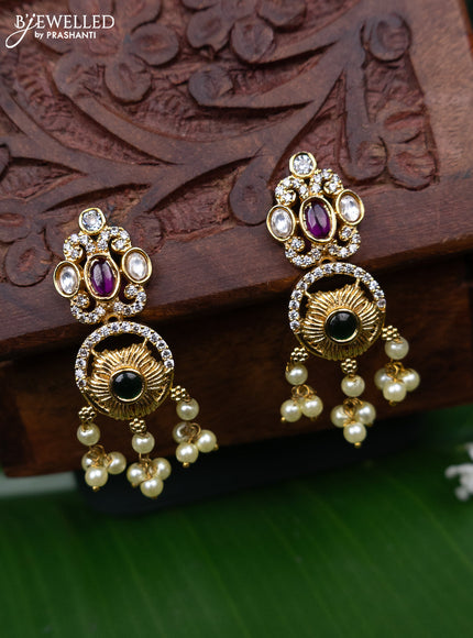 Antique earring with kemp & kundan cz stones and pearl hangings