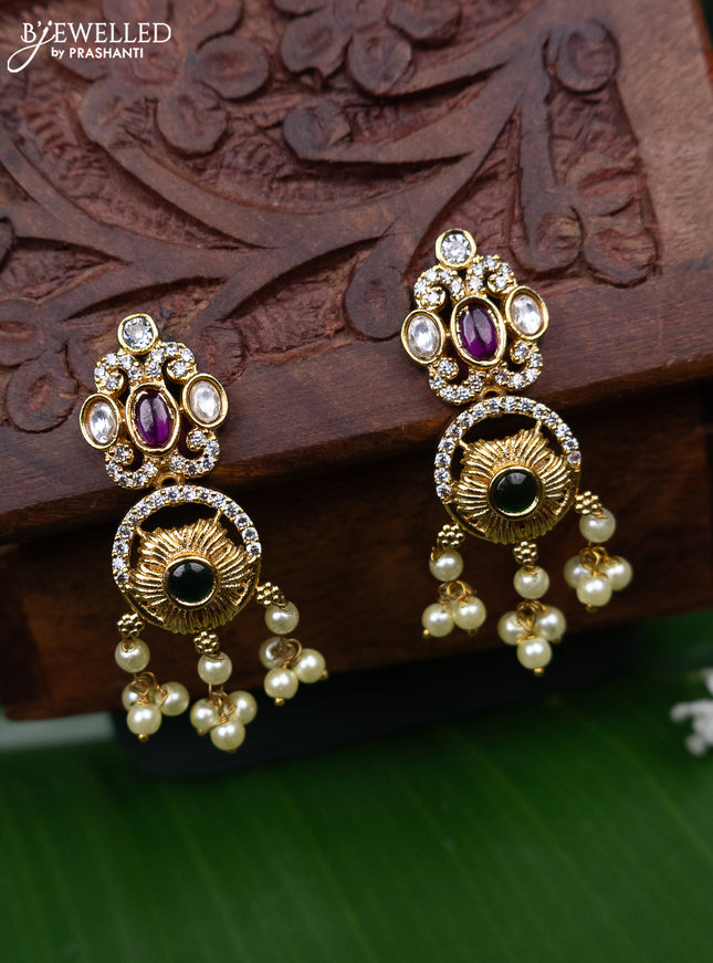 Antique earring with kemp & kundan cz stones and pearl hangings