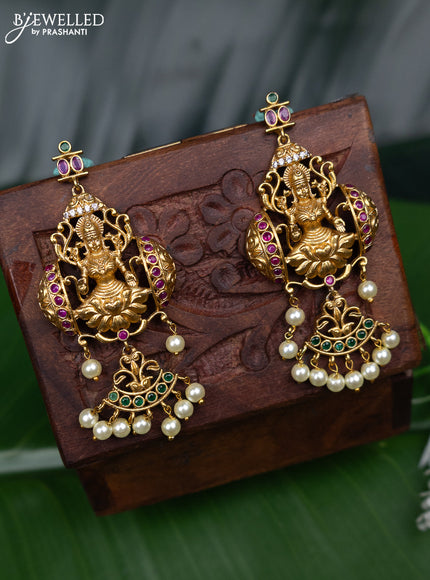 Antique earring lakshmi design with kemp & cz stones and pearl hangings