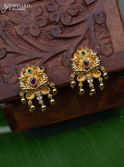 Antique earring peacock design with kemp & cz stones and golden beads hanging