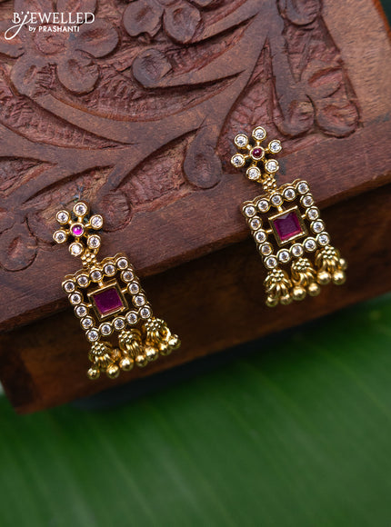 Antique earring with pink kemp & cz stones and golden beads hanging
