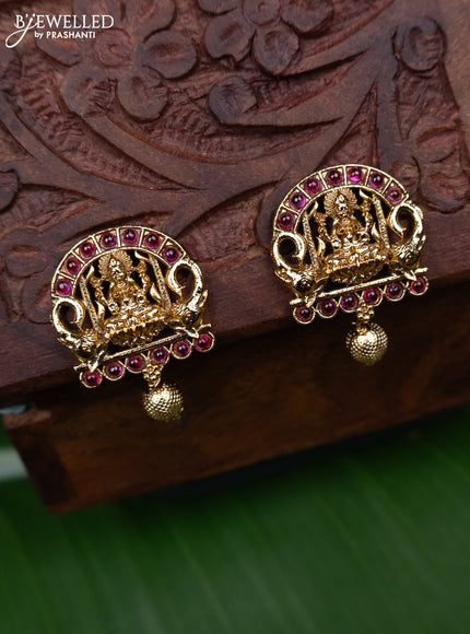 Antique earring lakshmi design with pink kemp stones and golden beads hanging
