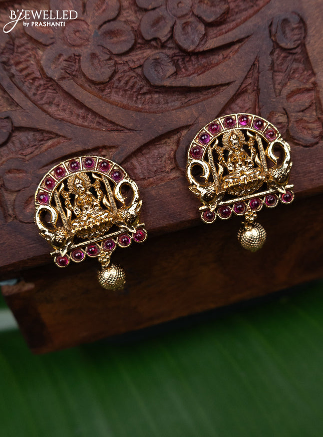 Antique earring lakshmi design with pink kemp stones and golden beads hanging