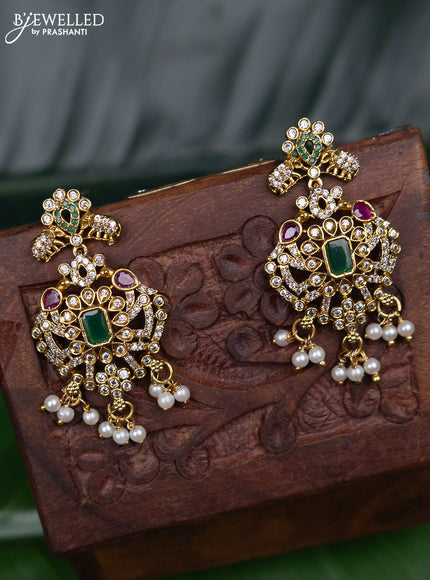 Antique earring elephant design with kemp & cz stones and pearl hangings