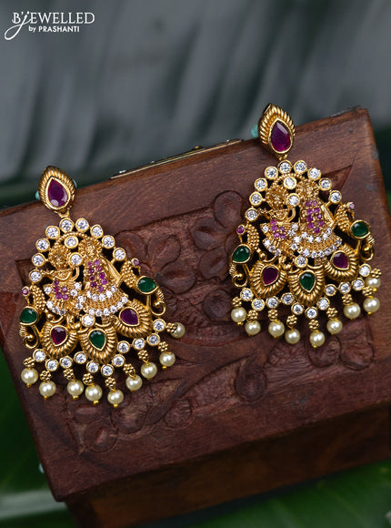Antique earring radha krishna design with kemp & cz stones and pearl hangings