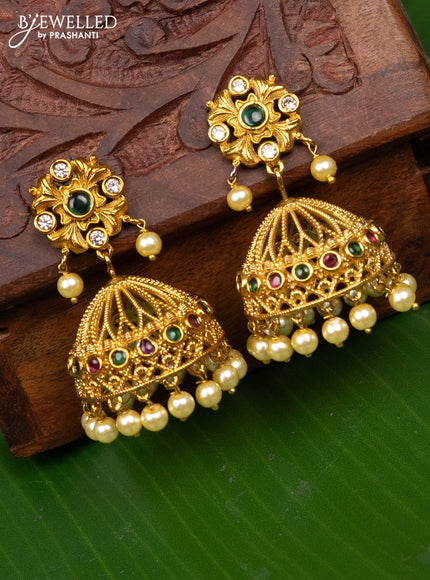 Antique jhumka with kemp & cz stones and pearl hangings