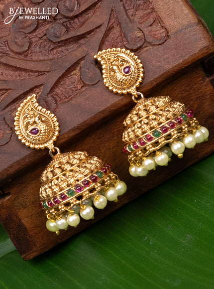Antique jhumka peacock design with kemp stones and pearl hangings