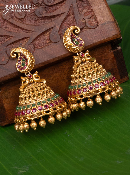 Antique jhumka manga pattern with kemp stones and golden beads hanging