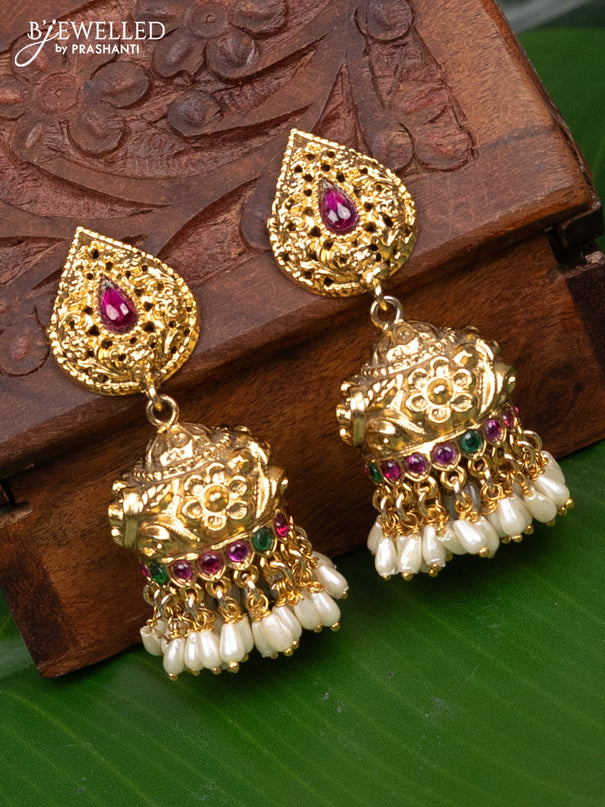 Antique jhumka with kemp stones and pearl hangings