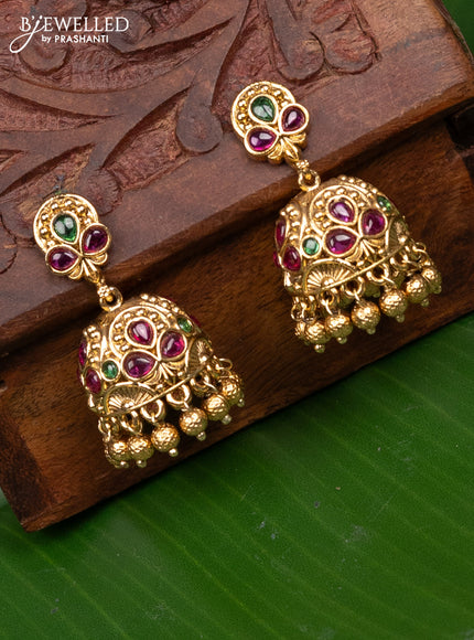 Antique jhumka with kemp stones and golden beads hanging