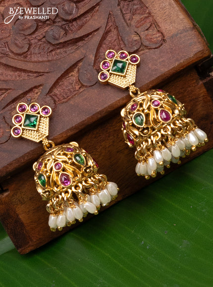 Antique jhumka with kemp stones and pearl hangings
