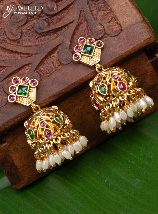 Antique jhumka with kemp stones and pearl hangings