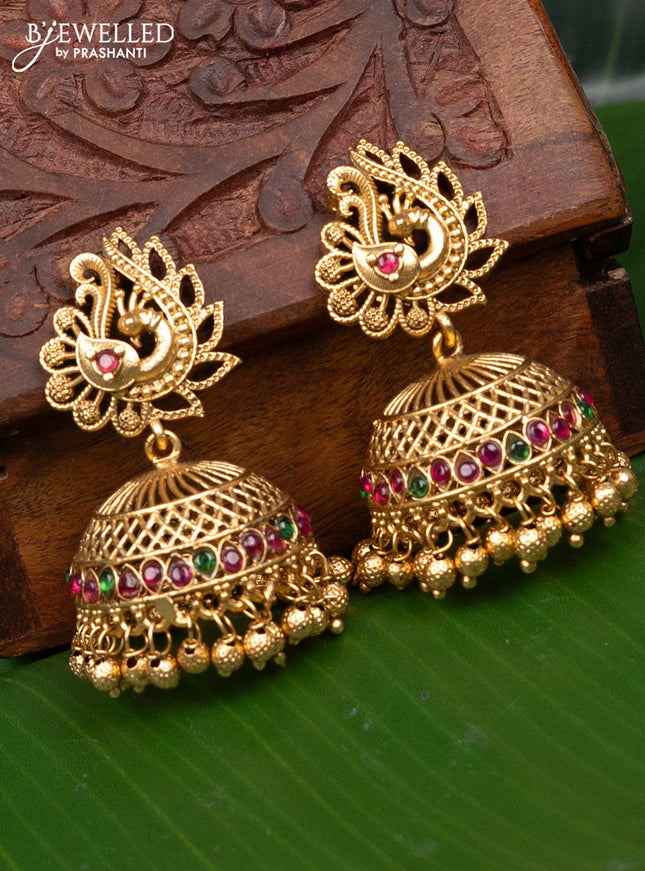 Antique jhumka peacock design with kemp stones and golden beads hanging
